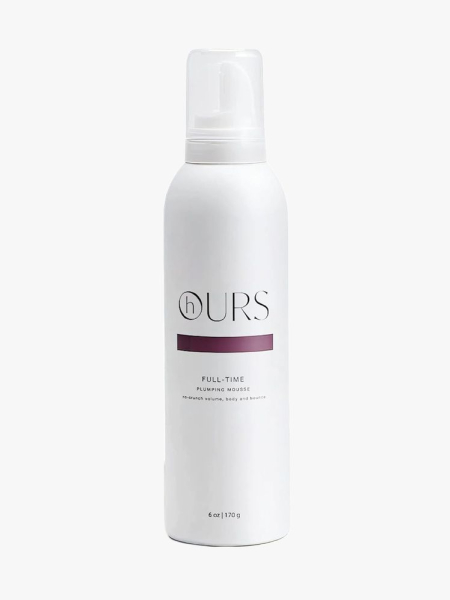 Hours Full-Time Plumping Mousse in branded component on a light gray background